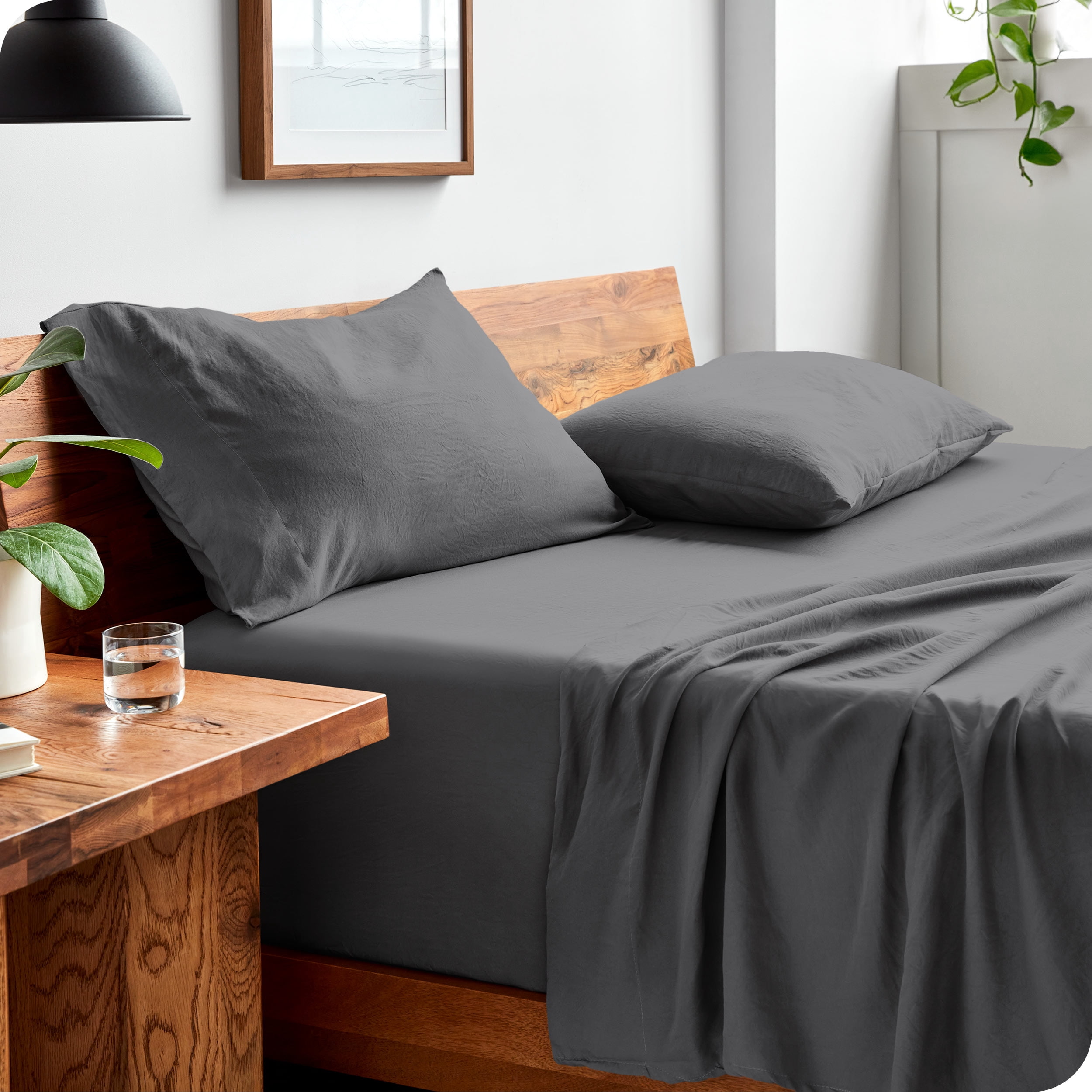 Bare Home Ensemble de Draps Lavés - Premium 1800 Collection - Poche Profonde - 4 Pcs - Grand Lit, Gris