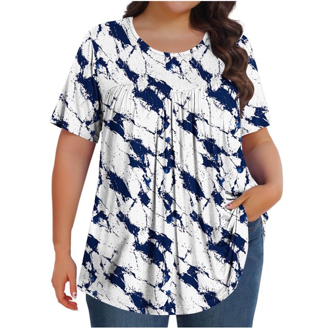 Pisexur Hauts de Printemps pour Femmes Blouses pour Femmes Chic Décontracté Mode pour Femmes Imprimé Col Rond Manches Courtes Plissé Ample Haut Multicolore,G