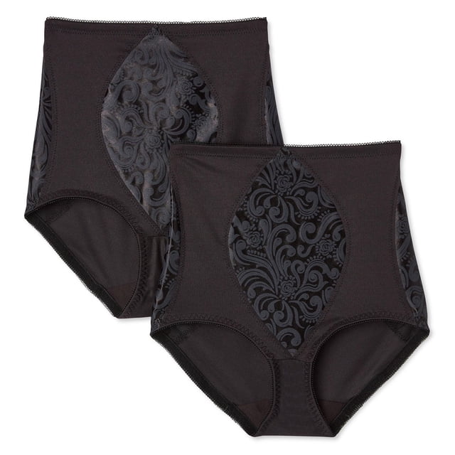 George Women's Shaper Brief 2-Pack includes two black high-rise briefs with extra-firm control and rigid printed floral swirl panels on front and sides. Elasticized waistband and leg openings ensure a comfortable fit while shaping stomach and hips, ideal for smoothing silhouette and suitable for layering under clothing.