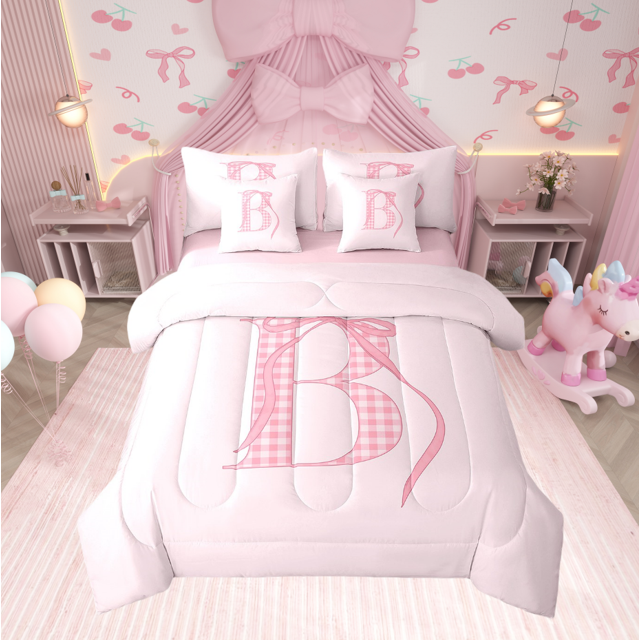 Erosebridal Ensembles de Literie à Nœud Rose Format Grand, Ensembles de Douillette Initiale B avec Draps, Déco de Chambre de Princesse, Réversible 7 Pcs
