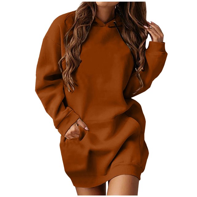 BADHUB Robe à Capuche Surdimensionnée à Manches Longues pour Femmes, Robe Chandail à Capuche Couleur Unie Tunique Décontractée Ample avec Poches Offres Prime Day Orange TG