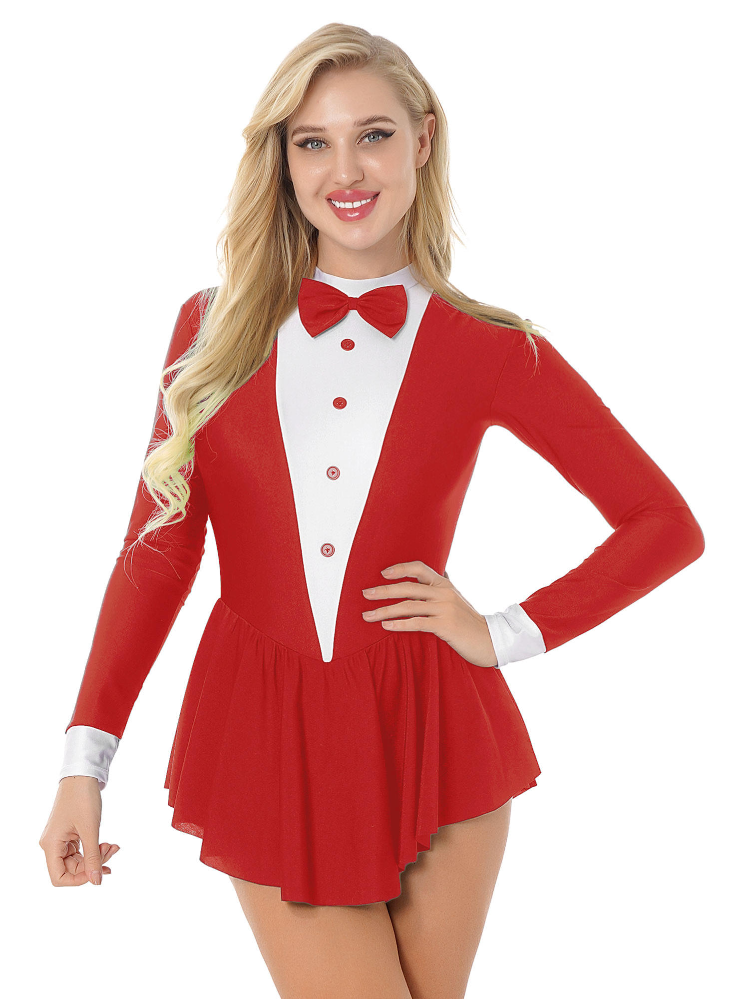 YiZYiF Smoking pour Femme Fille Serveuse Costume de Jeu de Rôle Robe à Volants à Manches Longues Tenue de Danse Rouge TTG