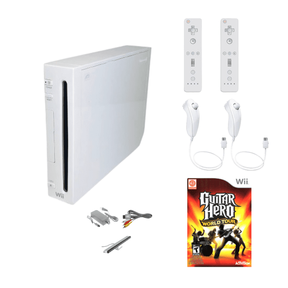 Nintendo Wii Console White Premium Bundle (Refurbished) – Includes Guitar Hero World Tour, 2 Remotes & 2 Nunchuks