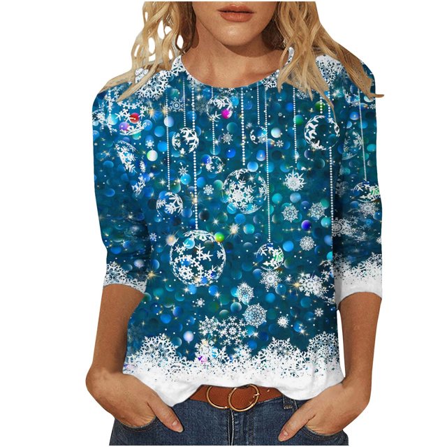Pisexur Chandails de Noël pour Femmes Chandails à Manches 3/4 pour Femmes Chandails à Col Rond Graphiques Amusants Chandails à Capuchon Décontractés pour les Fêtes de Noël Confort Amples Mode d'Automne Chandails à Enfiler