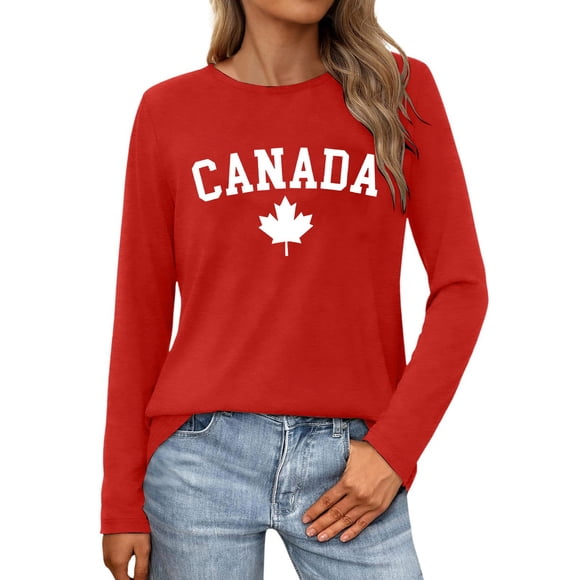 WILLBEST Women Tshirts Womens Canada Long Sleeve Canada Day Flag T Shirt Canadian Maple Leaf Shirts 3755
