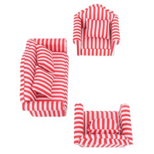 Dollhouse Canapé, 1:12 Delicate Miniature Sofa Strong Pine Cloth Light Color Strip avec Oreiller à lancer pour décoration rouge