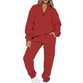 thumbnail image 1 of MAWCLOS Women Jogger Sets Long Sleeve Tracksuit Set Solid Color Two Piece Outfit Breathable Sports V Neck Sweatsuits Red S, 1 of 5