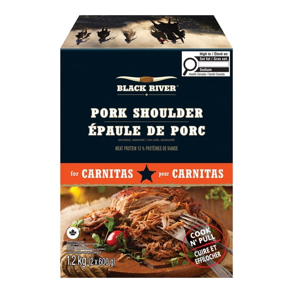 BLACK RIVER Portion d'épaule de porc carnitas, 2pieces x 600g=1.2kg per unit, frozen box, 6 units in a case 1.2kg / 2 x 600g / 6 count