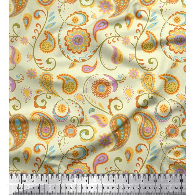 Soimoi Yellow polyester Crepe Fabric Mandala & Paisley Print Fabric by the Yard 42 Inch Wide