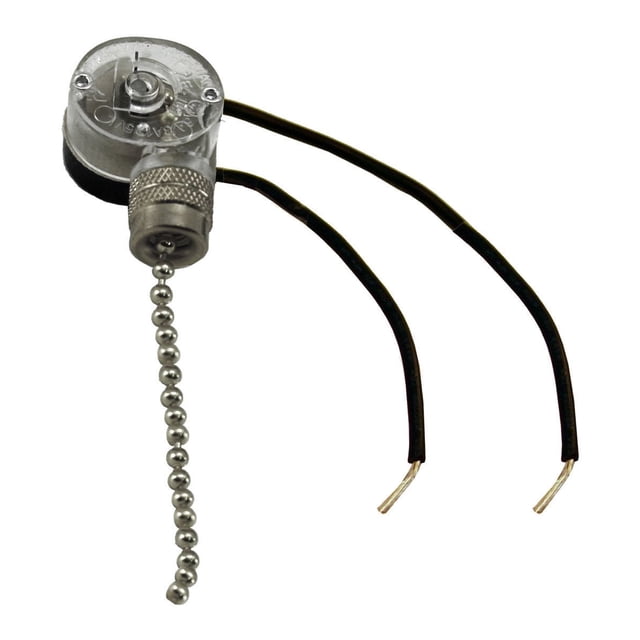 Atron Electro Industries Ceiling Fan Light Switch Nickel with transparent circular housing, satin nickel pull chain, and two black insulated wires with stripped ends, designed for easy installation and on/off fan control in home electrical accessories.