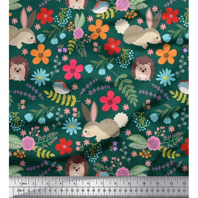 Soimoi Polyester Crepe Fabric Floral,Rabbit & Porcupine Cartoon Print Fabric by The Yard 52 Inch Wide