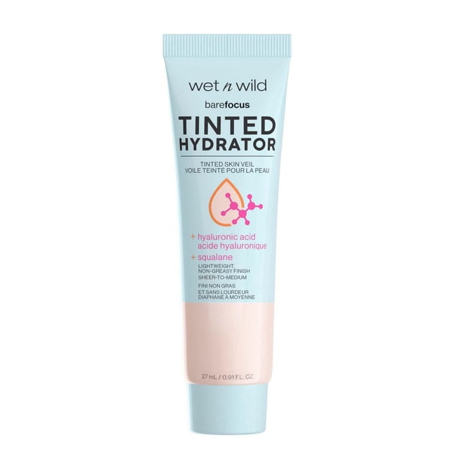 BARE FOCUS TINTED Hydratant - PORECELAIN par wet n wild, un tube de 27 ml Bleu Pâle et Rose Pâle Contenant un Hydratant TINTED avec Acide Hyaluronique et squalane Végétalien, Offrant une Couvrance Modulable de Transparente à Moyenne et une Finition Semi-Mate pour une Peau Hydratée et Éclatante, Idéal pour Simplifier les routines de Soins de la Peau.