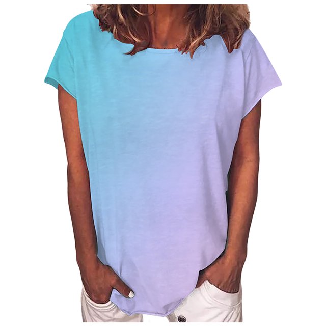 Pompotops Femmes Décontracté Dégradé Couleur Manches Courtes T-Shirt Tunique Chemisier Tops