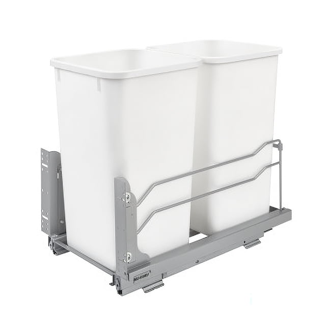 Rev-A-Shelf Double 27 Quart Pullout Soft Close Waste Container in white, featuring two 27-quart bins mounted on a durable powder-coated steel frame. The system includes full-extension under-mount slides with a soft-close mechanism for smooth operation. Designed for installation in cabinets with a minimum opening of 11.5 inches, this pullout trash container is ideal for keeping waste hidden and accessible. Dimensions are 11.26 inches wide, 22.09 inches deep, and 18.94 inches high.