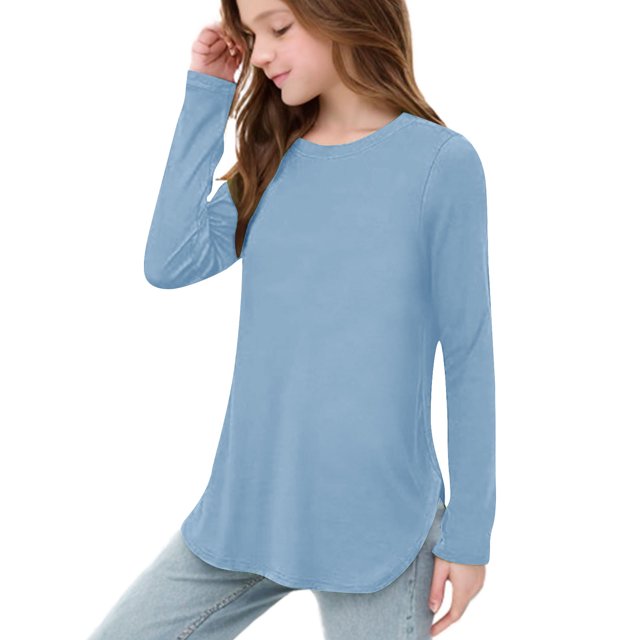 Plebaso Chemises à Manches Longues pour Filles Col Rond Hauts Décontractés Blouses Amples Unies pour Enfants Printemps Été