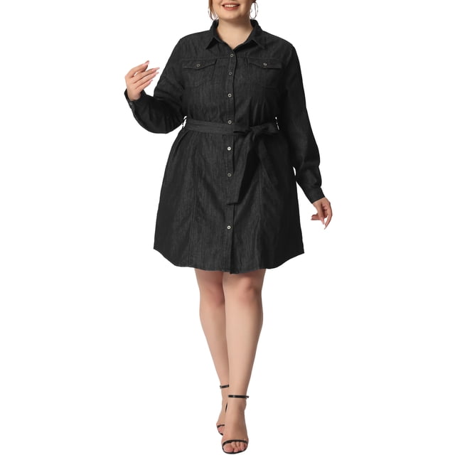 GRACE & GRANDEUR Robe-Chemise en Denim à Manches Longues à Boutons pour Femme Grande Taille Noire 4X
