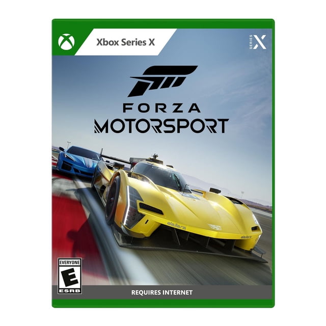 Forza Motorsport Xbox Series X game cover featuring photorealistic visuals of a yellow race car leading a blue race car on a dynamic racetrack with blurred motion, showcasing the Forza Motorsport logo and Xbox Series X branding under a clear sky.