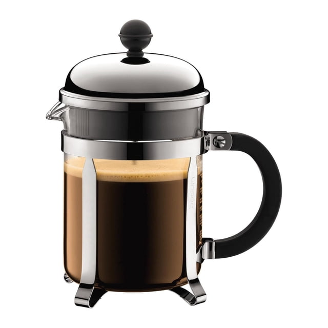 Bodum Chambord Coffee Maker 4cup, 0.5L, 17oz, shiny stainless steel French press with heat-resistant borosilicate glass carafe, black handle and lid knob, filled with brewed coffee, ideal for full-flavor extraction and suitable for brewing loose leaf tea.