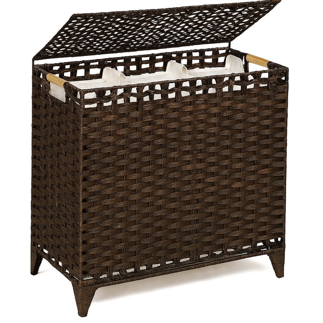 132L Large Wicker Laundry Hamper with Lid - Handwoven Rattan Basket with 3 Removable Bags & Handles, Divided Clothes Organizer for Bedroom, Bathroom & Laundry Room