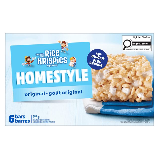 RKSB Homestyle Boîte Originale de Carrés de Croustilles de Riz Contenant 6 Barres Collation Emballées Individuellement, 198 g au total, Montrant un Gros Plan d'Un Carré de Riz Croustillant et de Guimauve sur un Tissu Bleu et Blanc, avec une Étiquette Mettant en Valeur une Taille 50 % Plus Grande et un Texte Bilingue Anglais-Français, Idéal pour les Collations de l'Après-midi.
