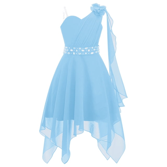 Ocealan Robe de Demoiselle d'Honneur à une Épaule pour Fille, Robe de Fête de Mariage Junior pour Enfants avec Ceinture Perlée, Bleu Pâle 6