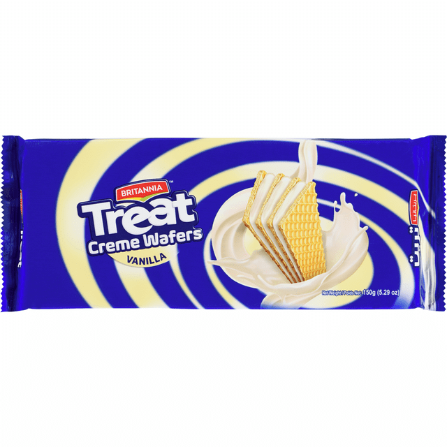 Britannia Paquet de Gaufrettes à la Vanille Comprenant des Biscuits Gaufrés Croustillants à Saveur de Vanille avec une Garniture de Crème Onctueuse, Présentés sur un Fond Tourbillon Bleu et Jaune, Pesant 150 g (5,29 oz), Idéal comme Collation Légère et Savoureuse Ou pour Partager.