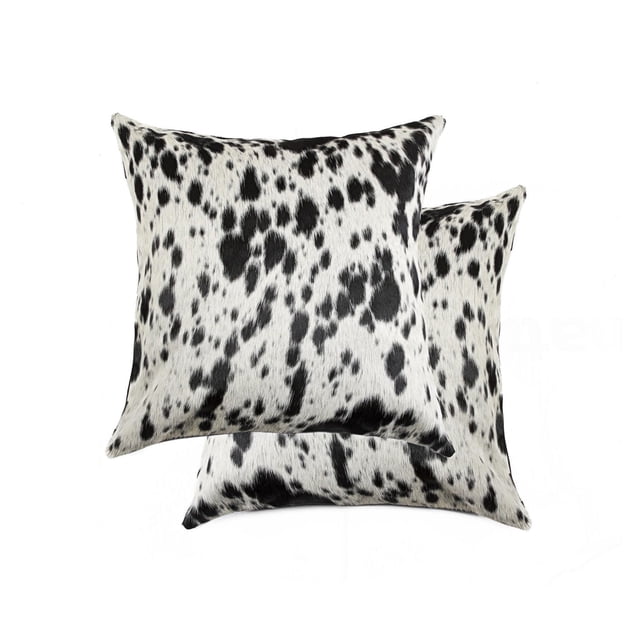 TORINO KOBE COWHIDE PILLOW 18"X18" 2-PACK with two square throw pillows in black and white spotted cowhide, hand-stitched from 100% natural Indian cowhide with soft microsuede backing and hidden zipper closure, ideal for layering in home décor and adding texture to living spaces.