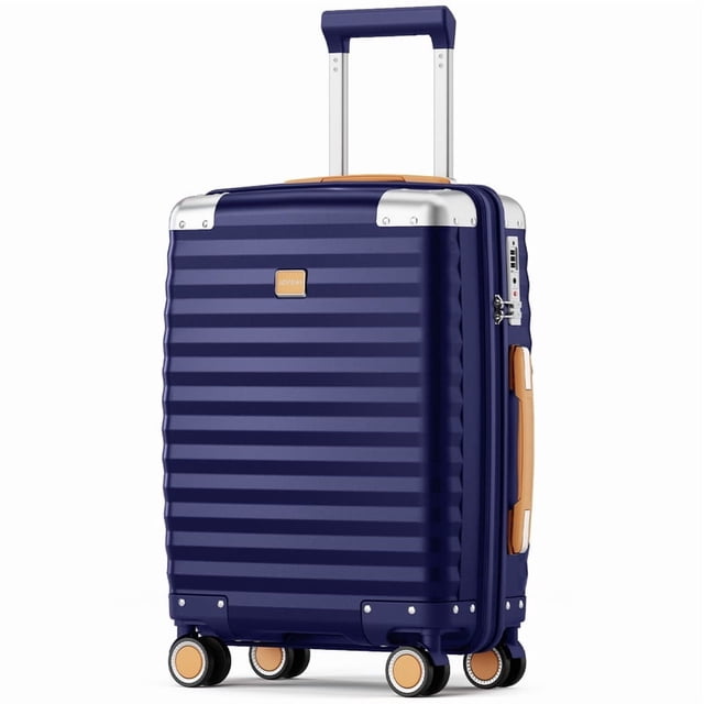 Joyway Valise Cabine de 20 Pouces avec Protecteurs d'Angle en Métal, Cadenas TSA et Roues Pivotantes. Cette Valise à Coque Rigide Légère Présente un Extérieur durable à Fini Mat avec Coins en Métal Renforcés pour la Résistance aux Impacts. Elle Comprend un Cadenas à Combinaison Approuvé TSA, des Roues Pivotantes Silencieuses à 360°, et une Poignée Télescopique en Aluminium Réglable. la Valise Bleu Marine a Aussi des Poignées en Cuir à Prise Souple sur le Dessus et le Côté pour un Levage Facile. Conçue avec un Intérieur Entièrement Doublé, une Séparateur à Fermeture à Glissière, des Poches en Maille et des Sangles