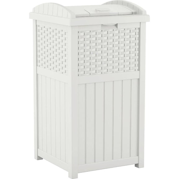 Suncast cache-poubelle extérieur en résine style osier, contenant pour patio et terrasse – Blanc