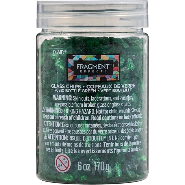 Fragment Effects Bottle Green Glass Chips for Mosaic Making Arts and Crafts, 6 oz jar with assorted bottle green glass chips of varied shapes and sizes featuring mirror backing, contained in a clear plastic jar with a white screw lid and labeled with safety warnings. Ideal for embellishing wood, glass, acrylic, and canvas surfaces.