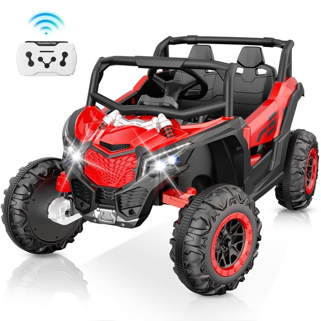 YunTopKids 2 Seater Ride on Car in red, a 12V 10AH powered UTV for kids aged 3-6. Features include 4x35W motors, an 18-inch wide seat for two toddlers or one child up to 110 lbs, and puncture-proof PP wheels with spring suspension for off-road terrains. Equipped with LED headlights, engine sound effects, and a music panel with Bluetooth and USB connectivity. Includes a remote control for parental supervision with 3-speed options and a manual 2-speed mode for kids. Designed for 1.5-2 hours of playtime per charge.