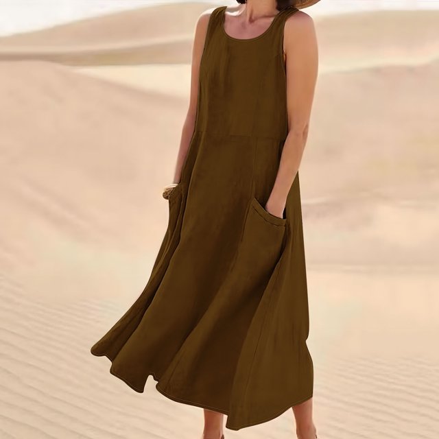 EQWLJWE Économies d'Été! Robes d'Été pour Femmes 2024 Décontractées Tendance, Robes pour Femmes Grande Taille en Liquidation Évasées, Robe Longue Sans Manches en Coton et Lin à Col Rond de Couleur Unie avec Poche