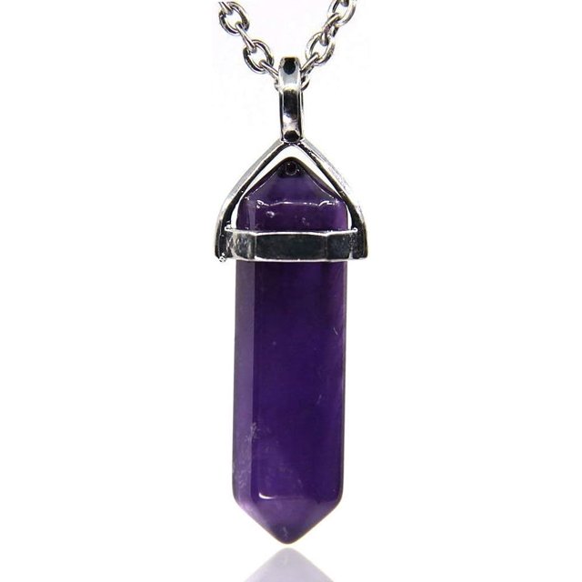 Collier Pendentif Reiki Chakra Hexagonal Pointu en Pierre Précieuse d'Améthyste Naturelle Foncée 20 Pouces