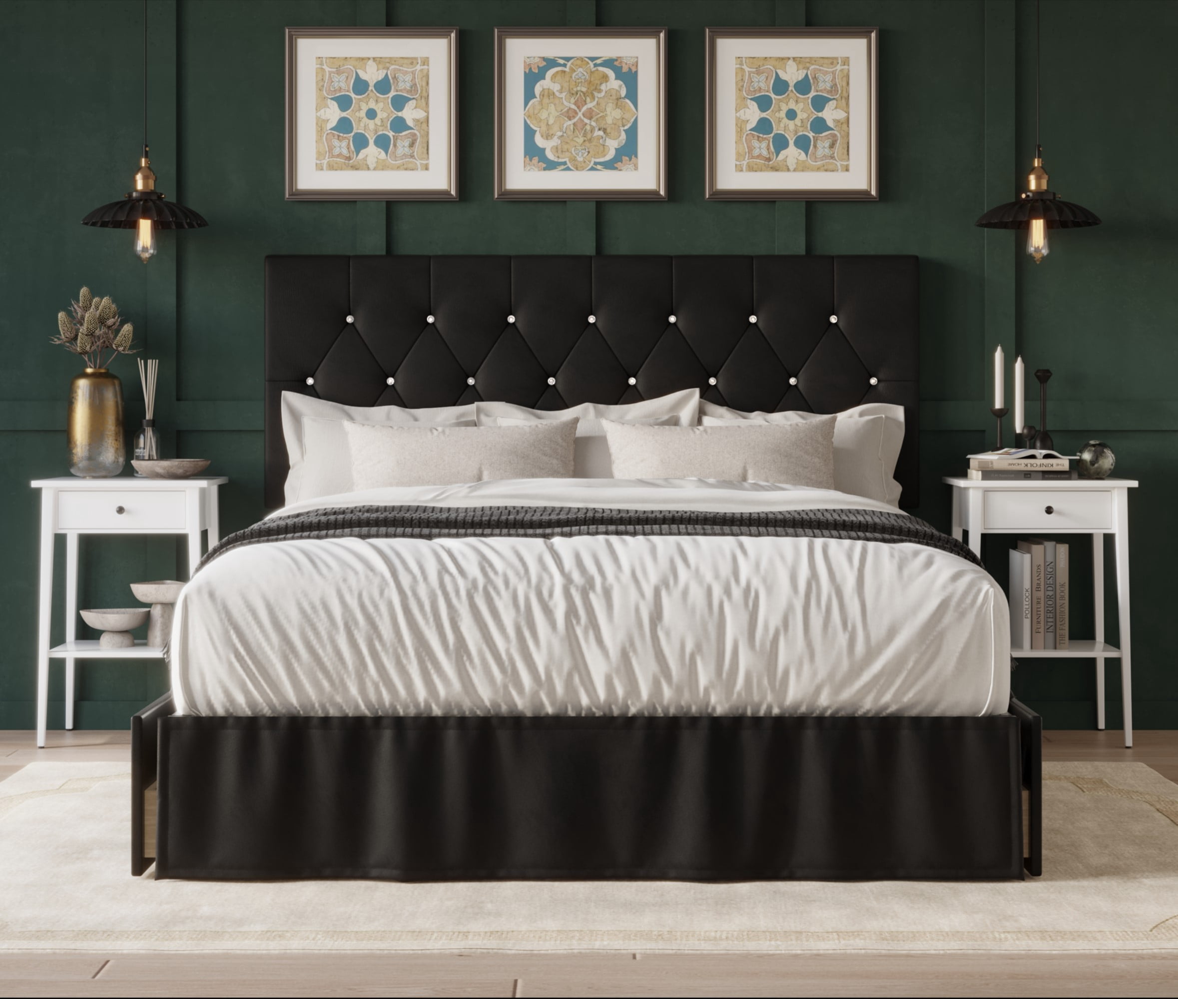 HMD Jovita Full Tufted Upholstered Storage Panel Bed, Black