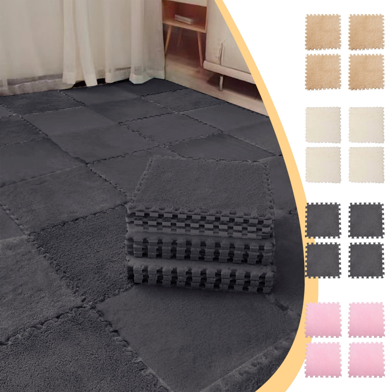Lot de 12 tapis de sol en peluche épaisse à emboîter - Carreaux carrés moelleux avec 16 bordures - Tapis doux et antidérapant pour chambre (gris Lot de 12 tapis de sol en peluche épaisse à emboîter - Carreaux carrés moelleux avec 16 bordures - Tapis doux et antidérapant pour chambre (gris