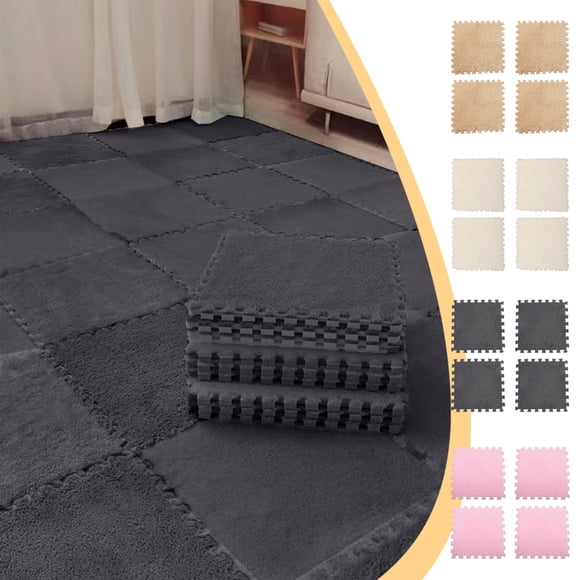 YYV Plush Floor Play Mat Four-Piece Interlocking Foam Tiles Thickened Bedside Crawling Pad Soft Plush Square Carpet Set Durable Non Slip Nursery Playroom Home Decor