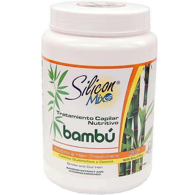 Silicon Mix Bambu Nutritive Hair Treatment 60oz jar with bamboo extract and silicones to nourish and regenerate hair. Designed for brittle and dull hair, it promotes shine, prevents breakage, and supports hair growth. The jar features bamboo imagery and vibrant accents, ideal for scalp care and hair treatment.