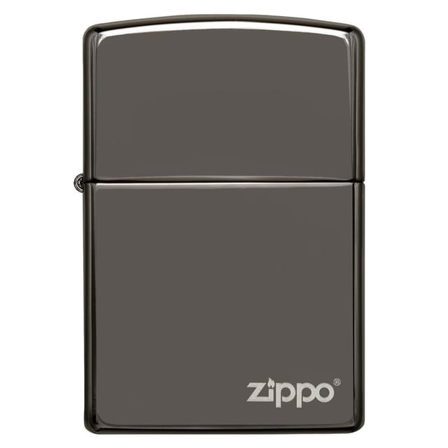 Zippo Black Ice® w/Zippo 150ZL windproof metal lighter with a scratch resistant chrome plated Black Ice® finish, rectangular shape with rounded corners, featuring a lasered Zippo logo on the lower front, refillable for lifetime use and suitable for camping and outdoor activities.