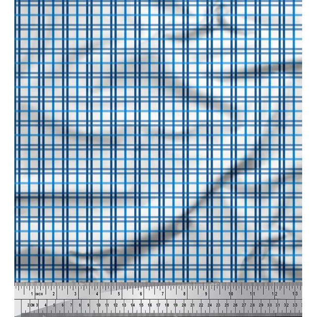Soimoi Blue Japan Crepe Satin Fabric Window Pane Check Print Fabric by Yard 42 Inch Wide