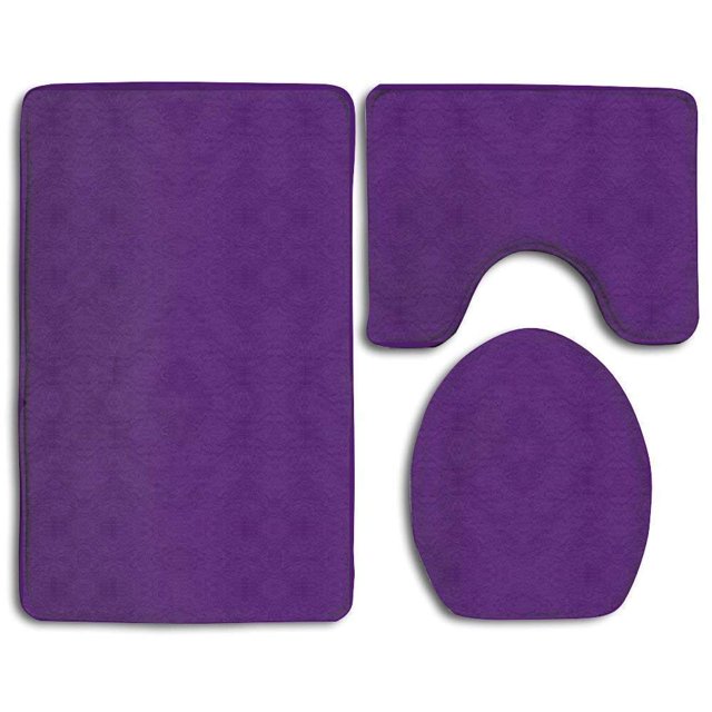JSDART Purple 3 Piece Bathroom Rugs Set including a bath rug (18x30 inches), a contour mat (18x14 inches), and a toilet lid cover (18x14.7 inches). Made with a flannel top and non-slip backing, this set is machine washable and fade-resistant. Ideal for adding comfort and style to your bathroom.
