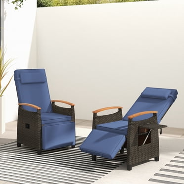 Costway 2 PCS Patio Wicker Recliner Chair with Adjustable Backrest Footrest Flip Side Table Navy