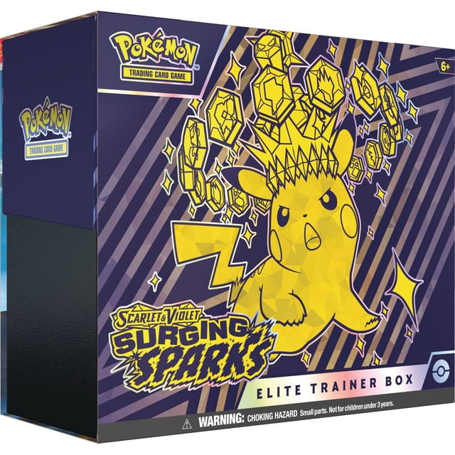 Pokémon TCG: Scarlet & Violet—Surging Sparks Elite Trainer Box with a multicolour collector’s box featuring a stylized yellow Pikachu wearing a crown of sparkling geometric shapes on a purple striped background, including the Pokémon Trading Card Game logo and a choking hazard warning.