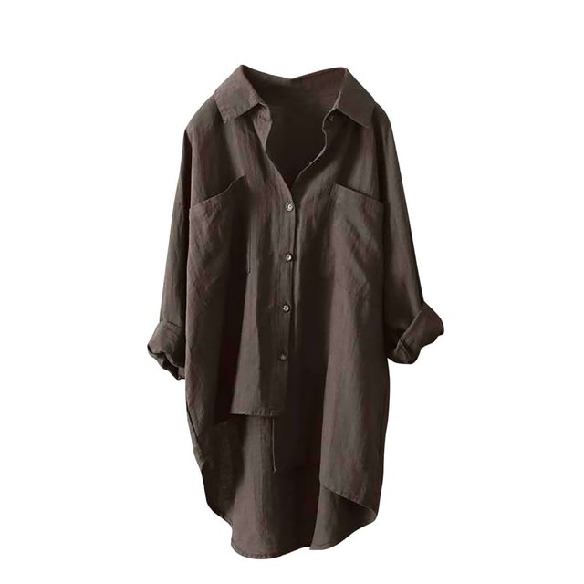 Chemises à Boutons pour Femmes Manches Longues Retroussables Ourlet Haut-Bas Blouse Décontractée