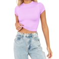thumbnail image 2 of JIRNDf Hauts pour Femmes T-Shirts d'Été Tendance Mode Manches Courtes Mignon Court Basique Col Rond Coupe Ajustée Blouse pour Femmes Tunique Décontractée Hauts Argent P, 2 of 5