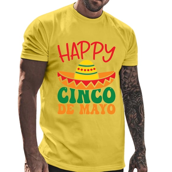LUOGENLI Male T-shirts for Mens Male Mexico Festival Themed T Shirt Solid Color Partial Graphic Print Top Shirt T-shirts for Men Graphic Tee Easter Yellow M
