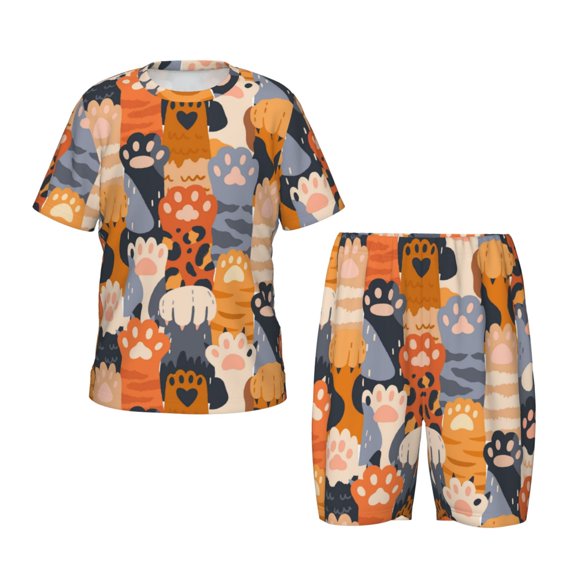 KLL Cute Cat Paw Print Kids' Short-Sleeved Pajama Set,Soft Pajama Sleepwear Sets Pjs Outfits for Boys and Girls-XX-Large