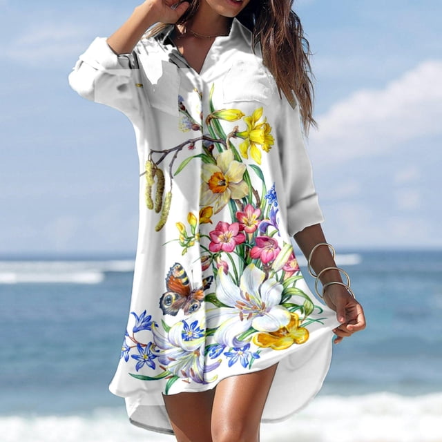 Cache-maillots pour Femmes Aguichant Cache-Maillot d'Été Décontracté pour Femmes Col Rabattu Manches Longues Blouse Imprimée à Boutons avec Poche Robes Chemise Cache-Maillots de Piscine pour Femmes en Liquidation