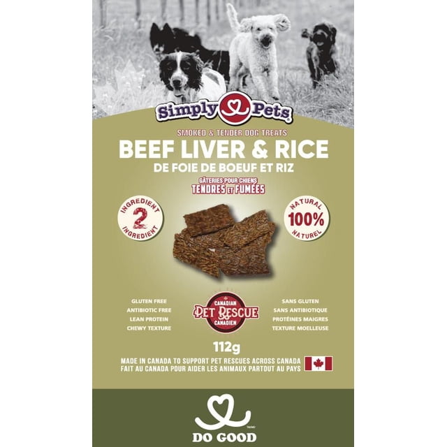 PRODUCT OF CANADA - Simply Pets Beef, Liver & Rice Dog Treats, 200g (2 Pack) with beige packaging displaying three brown crunchy dog treats. The treats are smoked and tender, made with two natural ingredients, gluten free, antibiotic free, and lean protein with a chewy texture. The top shows a black and white photo of four dogs running outdoors. The package features the Canadian Pet Rescue logo and states proceeds support pet rescues across Canada. These treats are often used as training rewards or daily snacks for dogs.