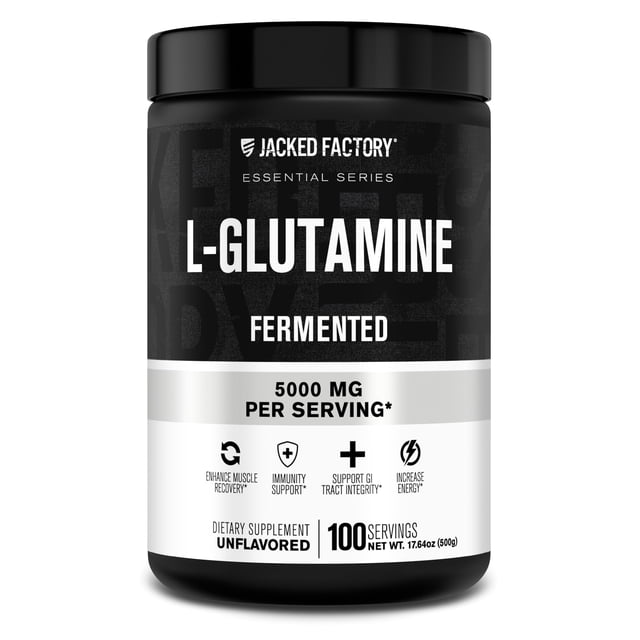 Jacked Factory L-Glutamine Powder, 500g container with 100 servings. Vegan fermented L-Glutamine supplement providing 5000mg per serving for post-workout muscle recovery, immunity support, digestive health, and gut function. Unflavored dietary supplement with no artificial fillers.