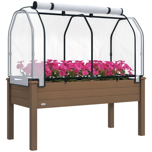 Outsunny Raised Garden Bed with PE Greenhouse Cover, Brown